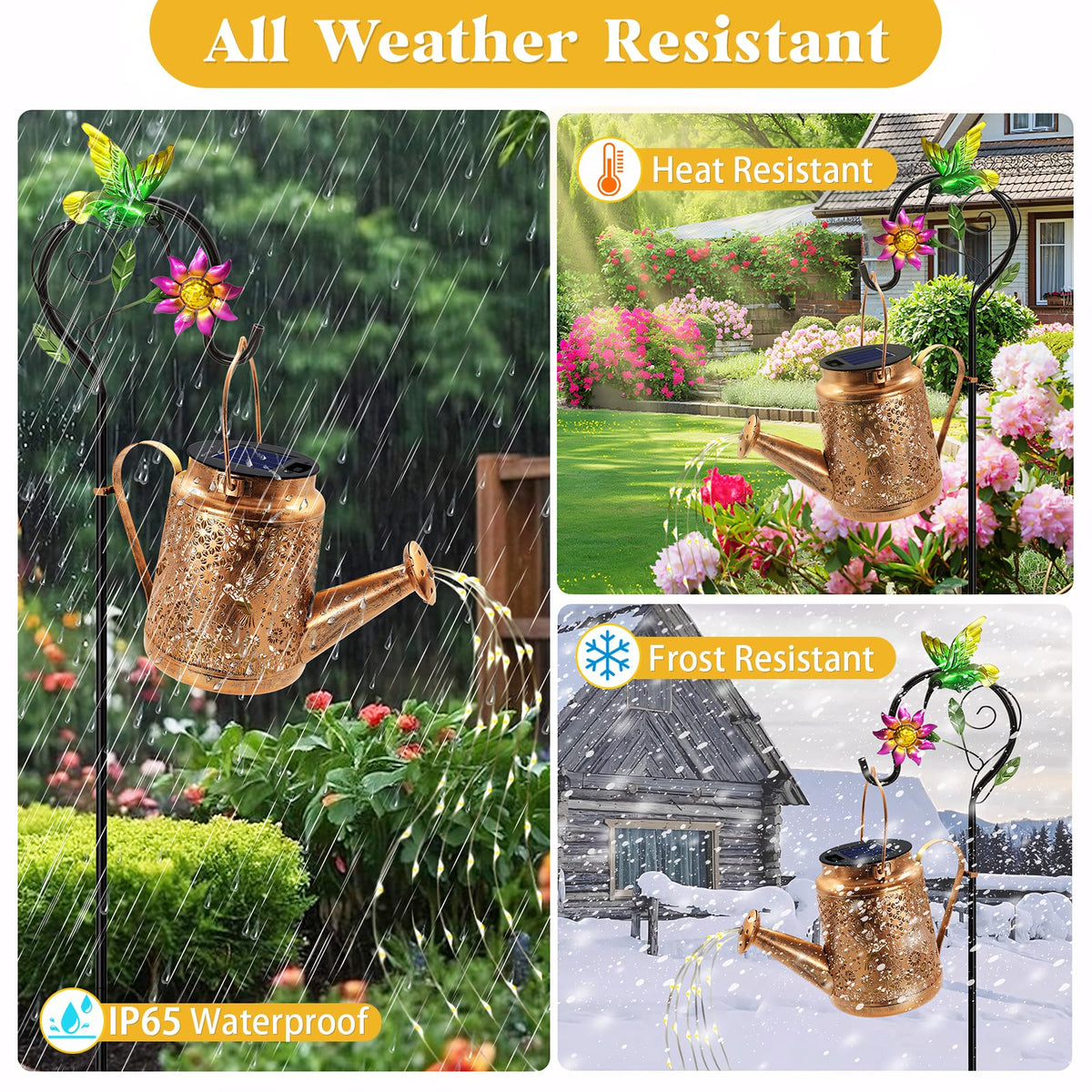 Yulloyello solar watering can lights mounted on shepherd hook for easy yard decor.