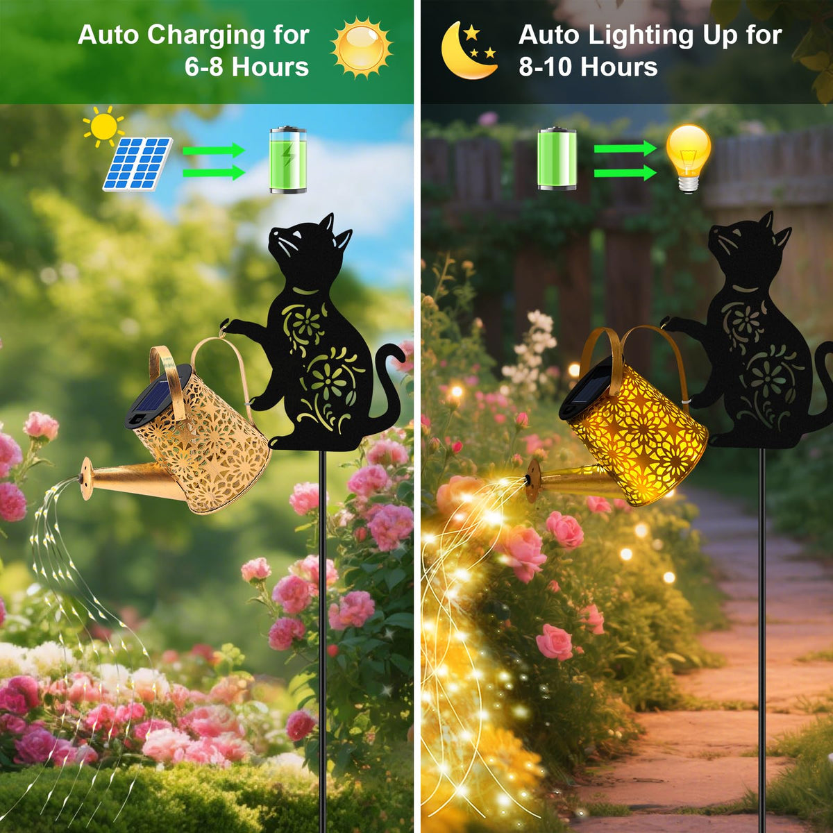 Yulloyello solar watering can lights warm-yellow glow for charming nighttime decor.
