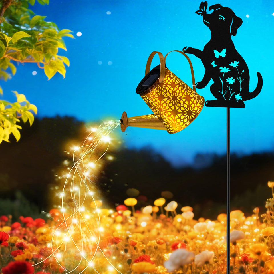 Yulloyello solar watering can lights illuminate gardens with warm glow after dusk