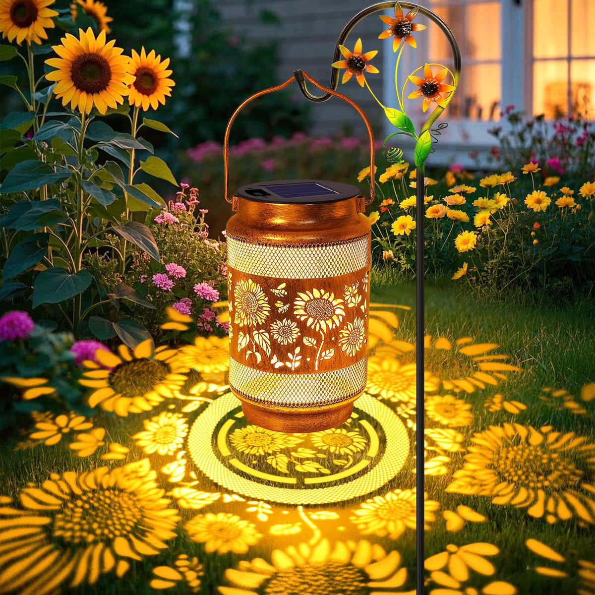 Yulloyello sunflower solar lantern with openwork design glows for cozy outdoor evenings.