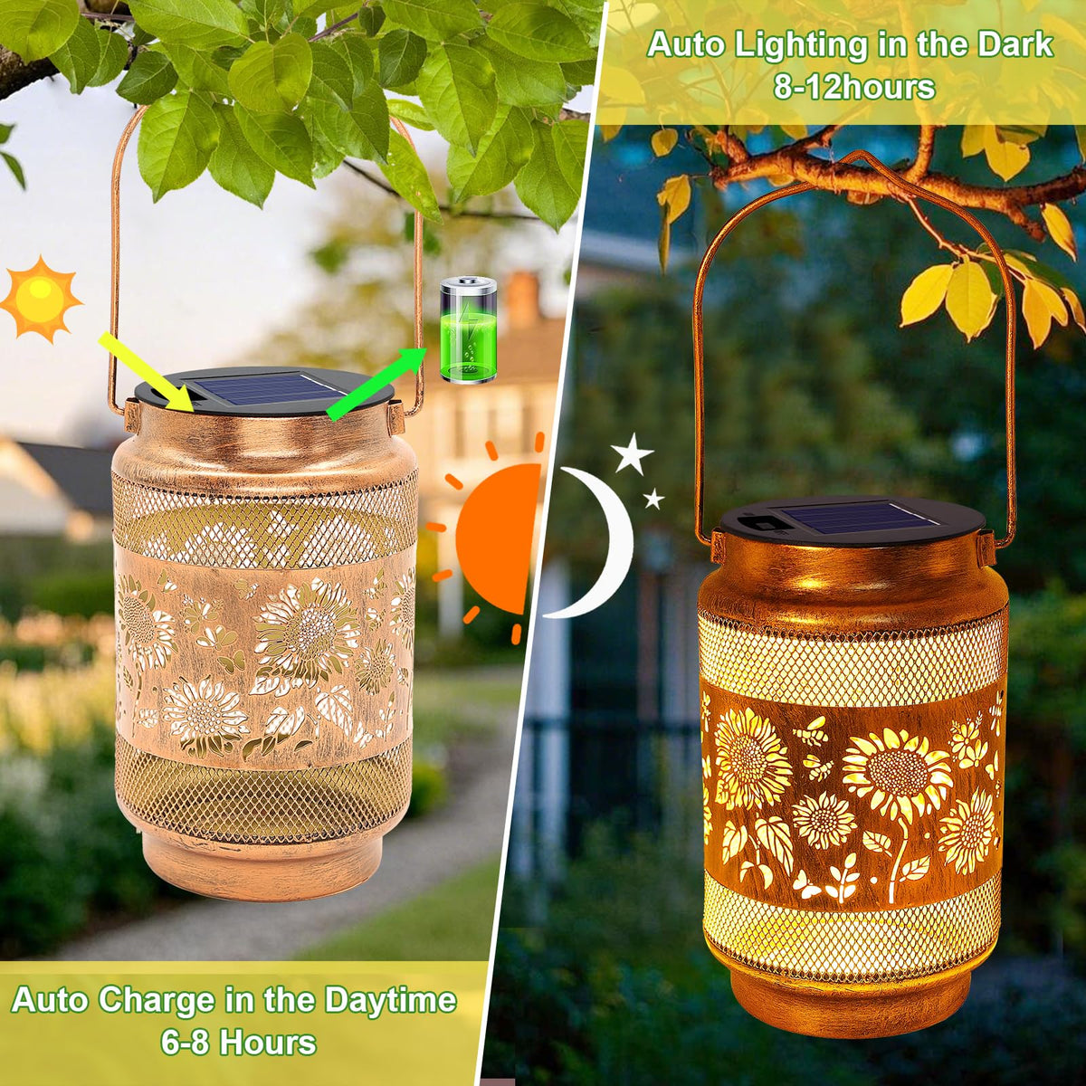 Yulloyello outdoor lantern charges in daylight for nighttime glow.