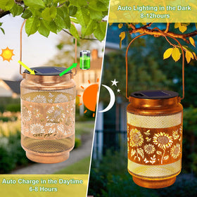 Yulloyello outdoor lantern charges in daylight for nighttime glow.