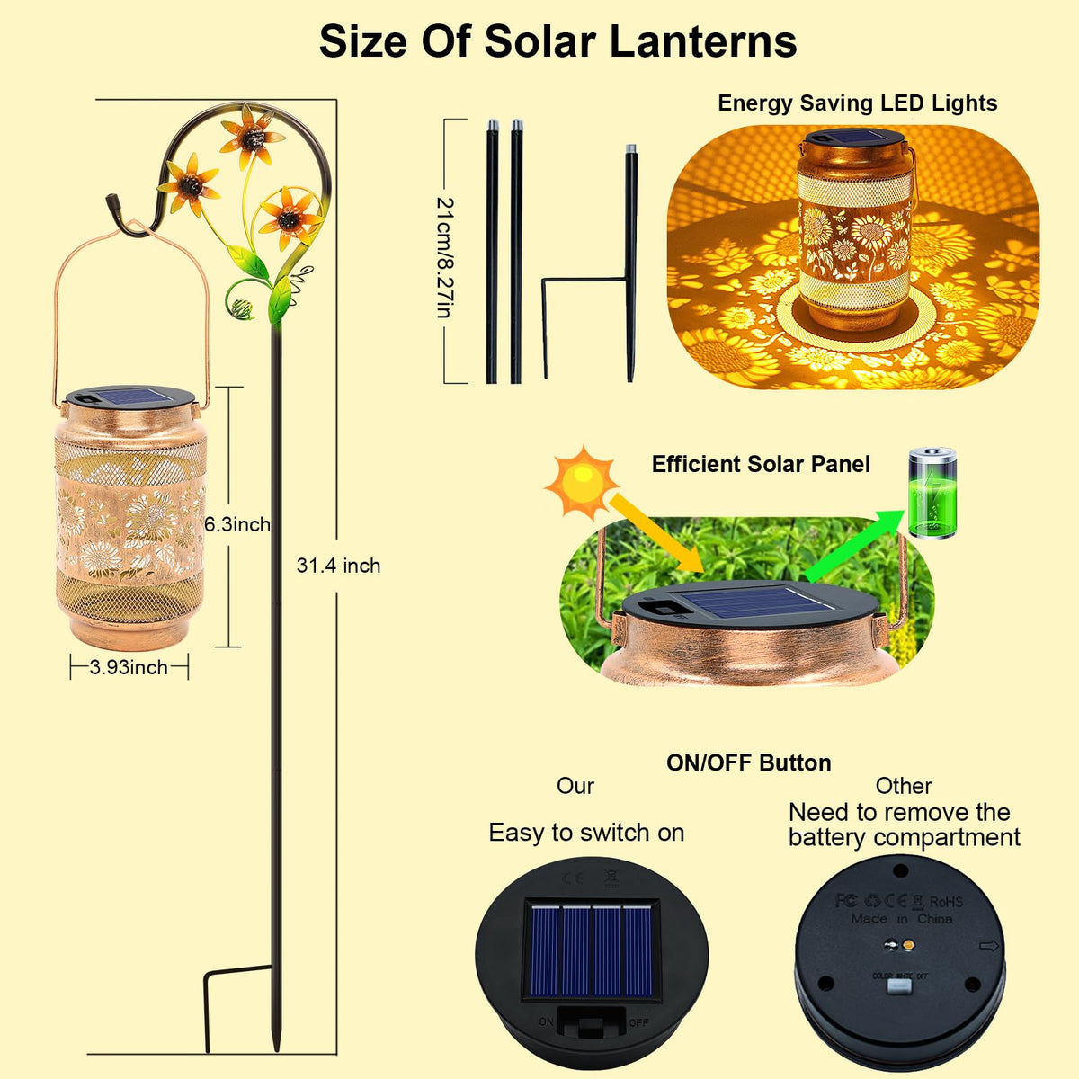 Yulloyello sunflower solar lantern on shepherd hook enhances garden décor after sunset.