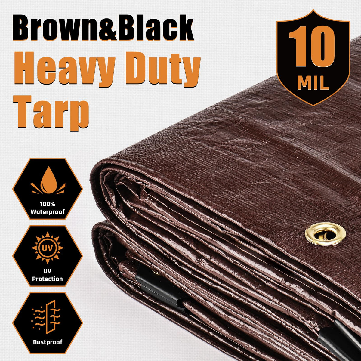 Yumatum 10mil heavy-duty tarp shows rugged construction for tough conditions.