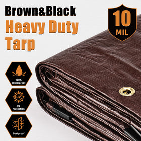 Yumatum 10mil heavy-duty tarp shows rugged construction for tough conditions.