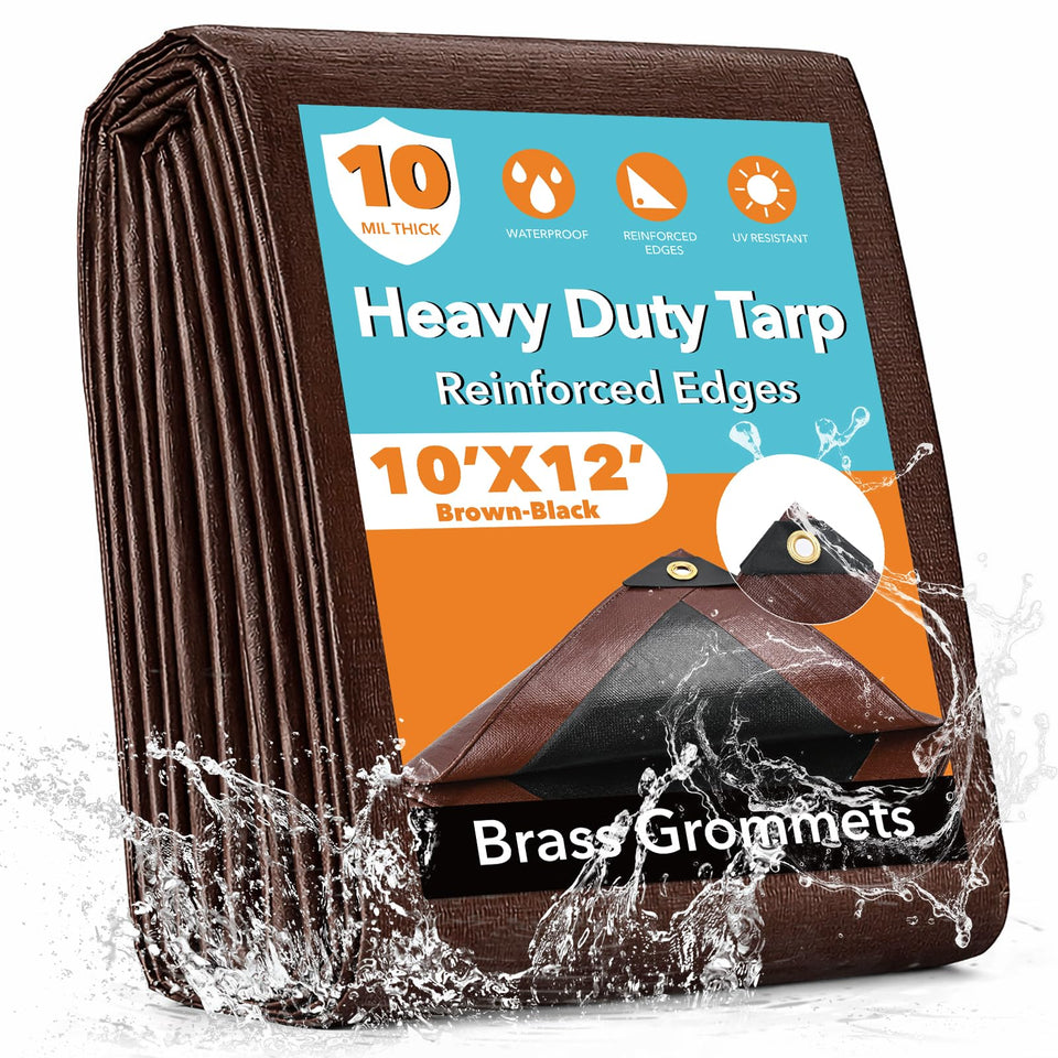 Yumatum 10x12ft tarp waterproof, shields outdoor gear from rain and moisture.