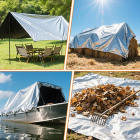 Yumatum tarp shielding patio furniture and outdoor gear.