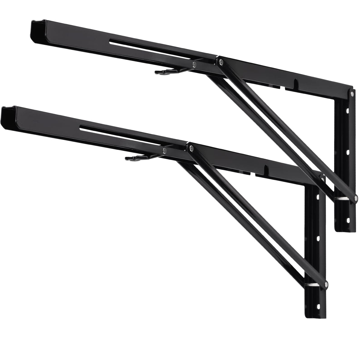 YUMORE folding shelf bracket in black, closed position for compact storage.