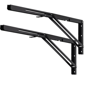 YUMORE folding shelf bracket in black, closed position for compact storage.