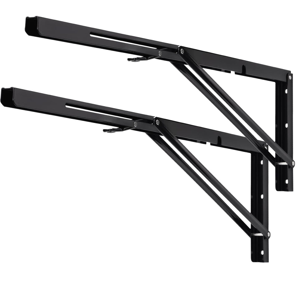 YUMORE folding shelf bracket in black, closed position for compact storage.