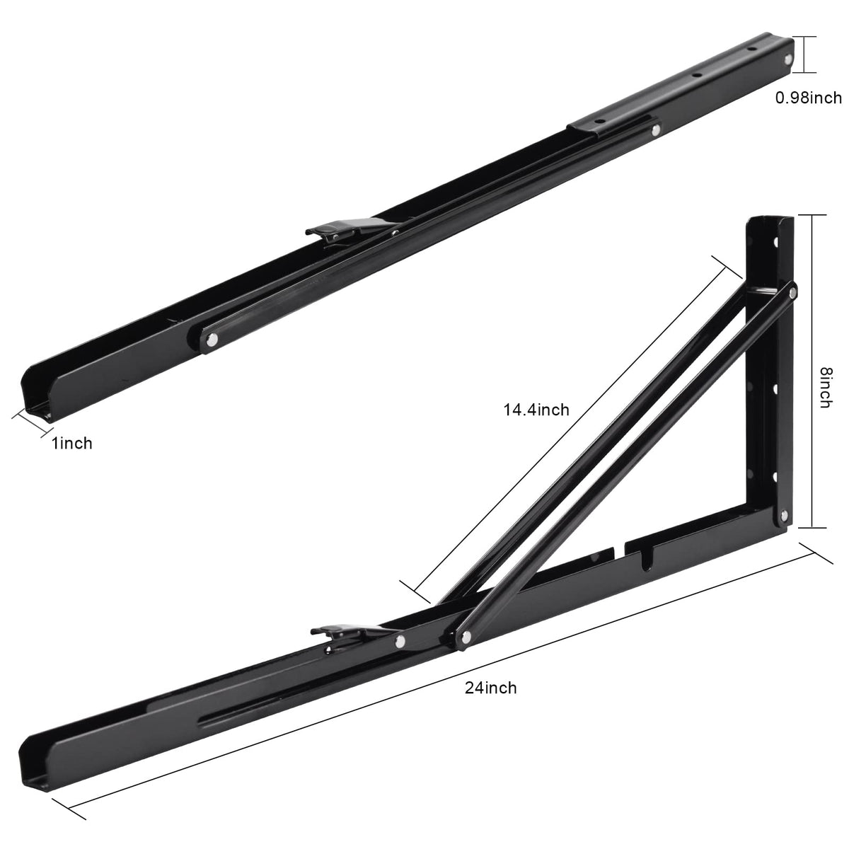 YUMORE folding shelf bracket in black, opened to 90 degrees for workspace extension.