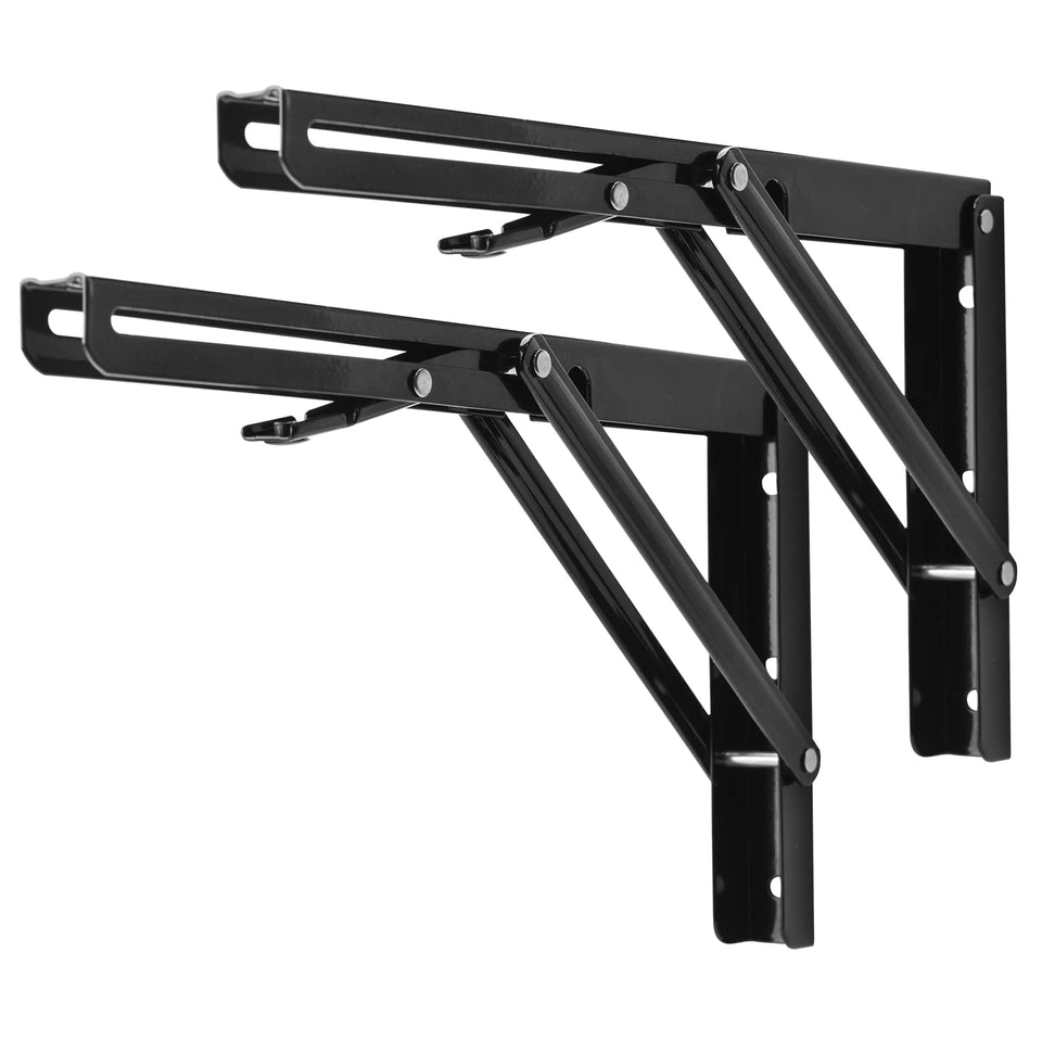 YUMORE folding shelf bracket in black finish provides sturdy, space-saving support.