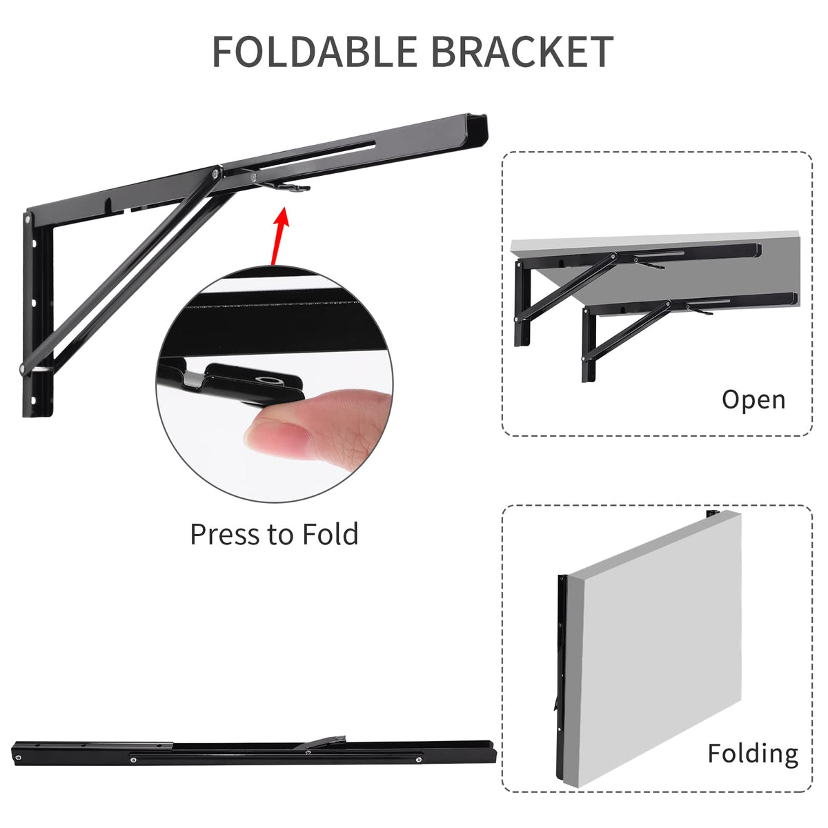 YUMORE folding shelf bracket with hardware pack ready for mounting.