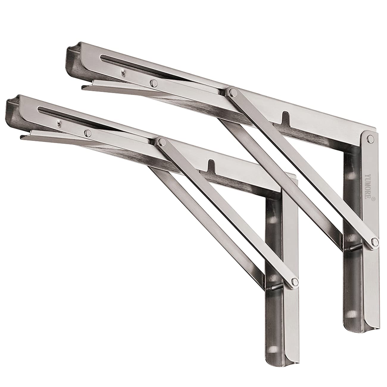 YUMORE folding shelf brackets deployed on a wall supporting a sturdy shelf for a kitchen workspace