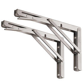 YUMORE folding shelf brackets deployed on a wall supporting a sturdy shelf for a kitchen workspace
