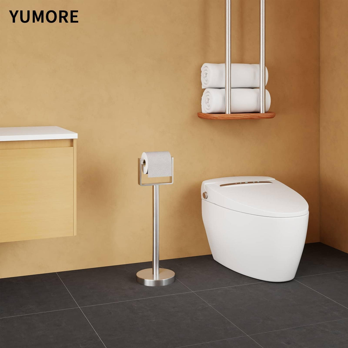 YUMORE thick stainless steel tube highlights durability and rust resistance in a bathroom setting.