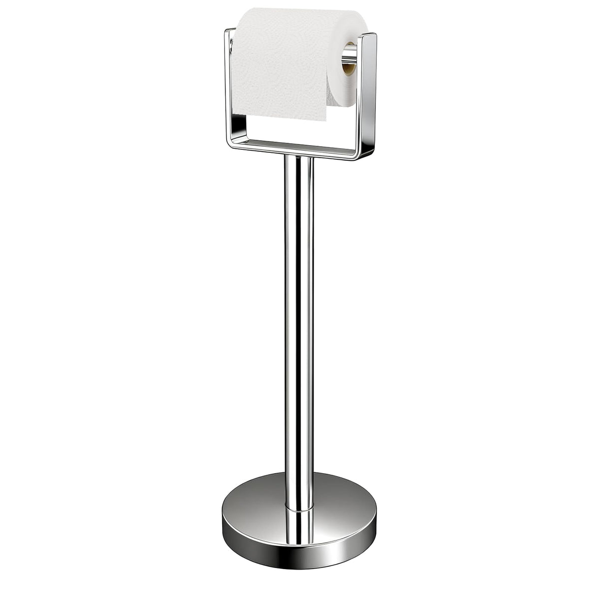 YUMORE free-standing toilet paper holder with chrome base for stable bathroom use