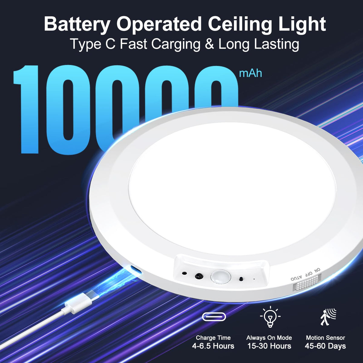 Yunaking 10000mAh battery powers long-lasting light without frequent replacements.