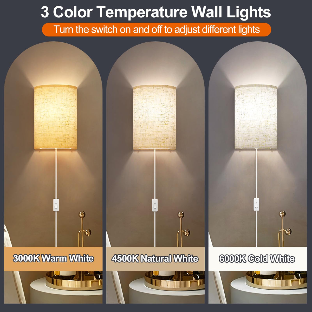 Yunaking wall sconce showing three temperature options for versatile lighting.