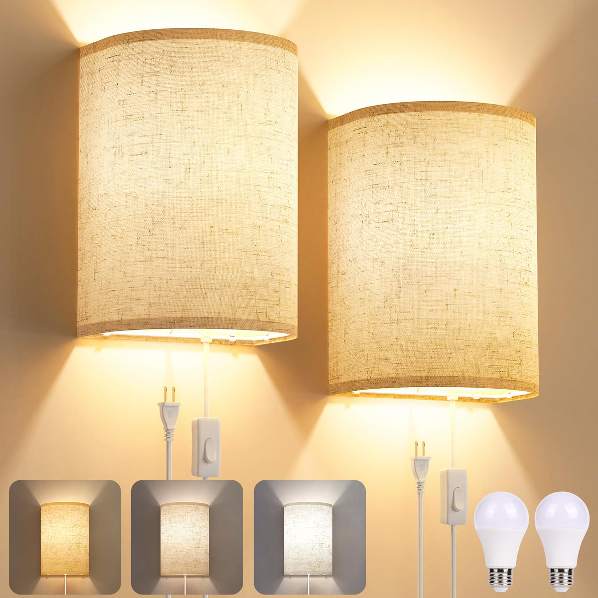 Yunaking plug-in wall sconce with linen shade for warm, inviting glow.
