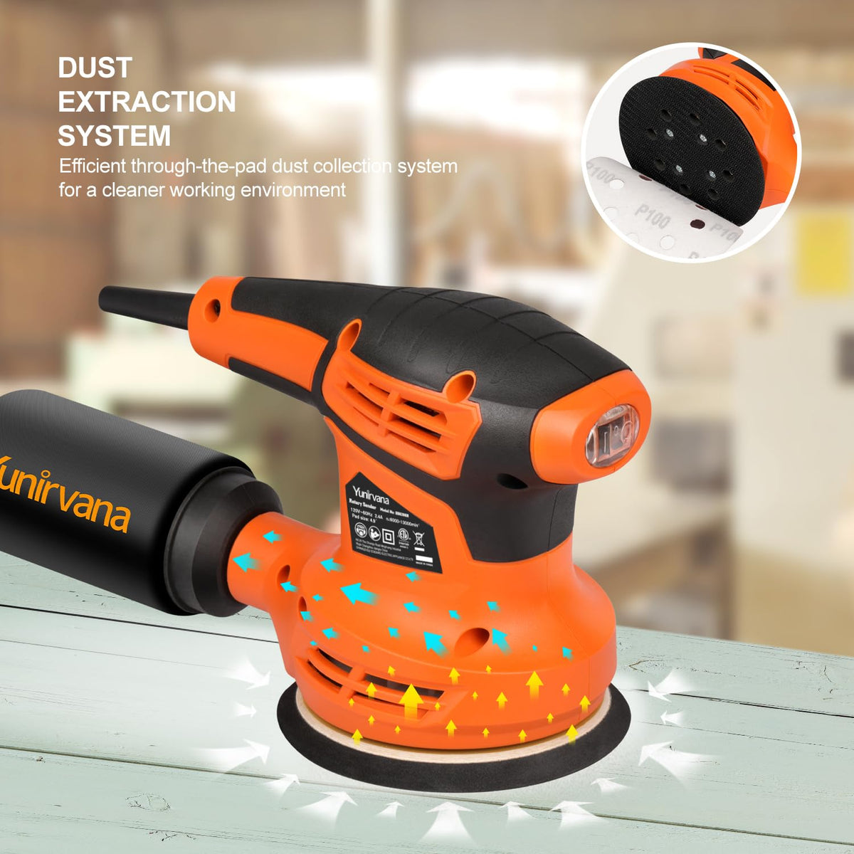 Dust collection bag attached to Yunirvana sander for cleaner workspace