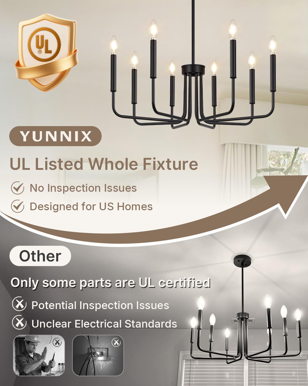 Yunnix chandelier assembly shows unfurled arms for quick setup