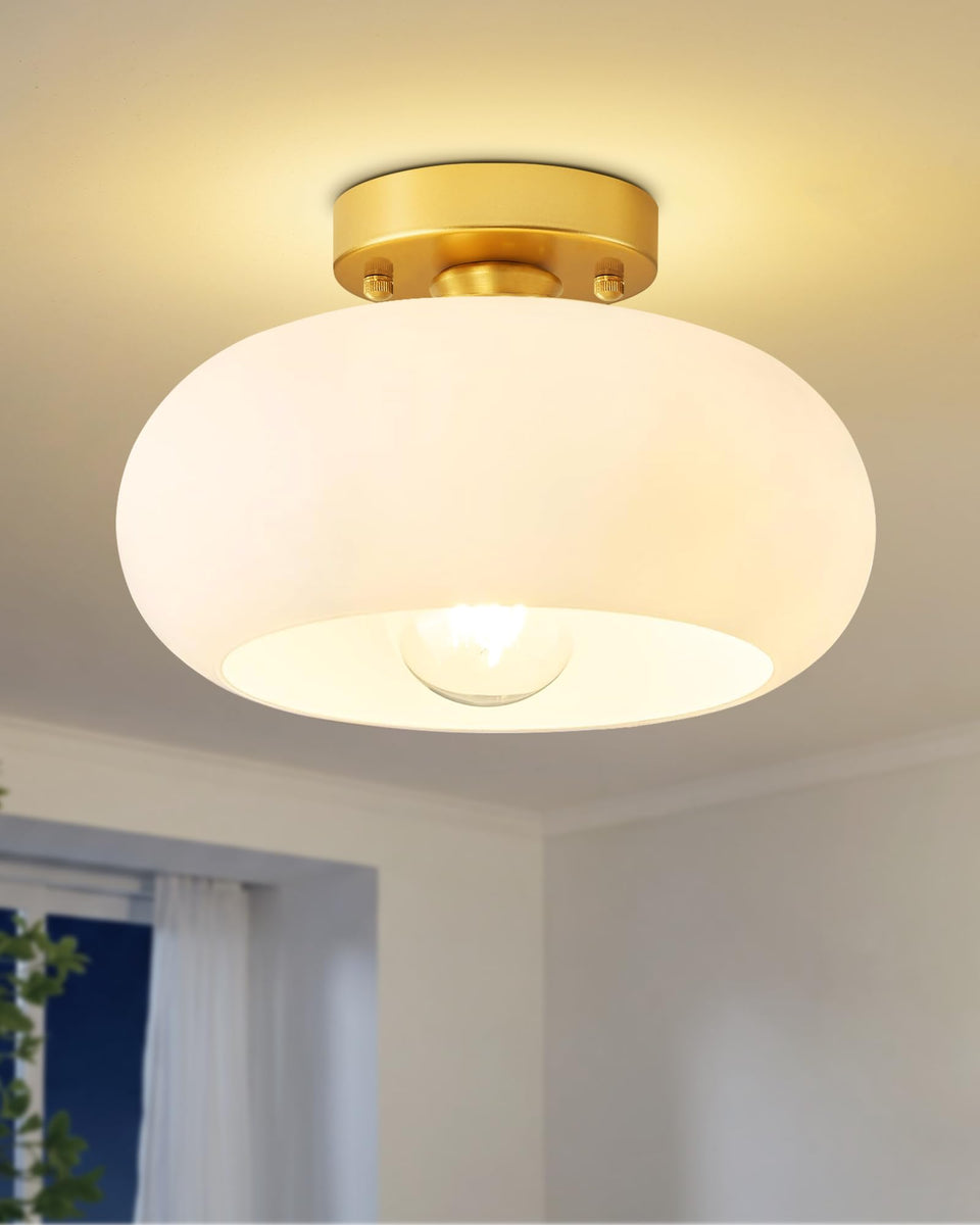 Yunnix semi flush mount with a milk glass shade for soft ambient lighting in small rooms.