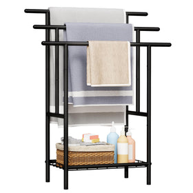YUNSCEND free-standing towel rack front view with three tiers for organized towels.