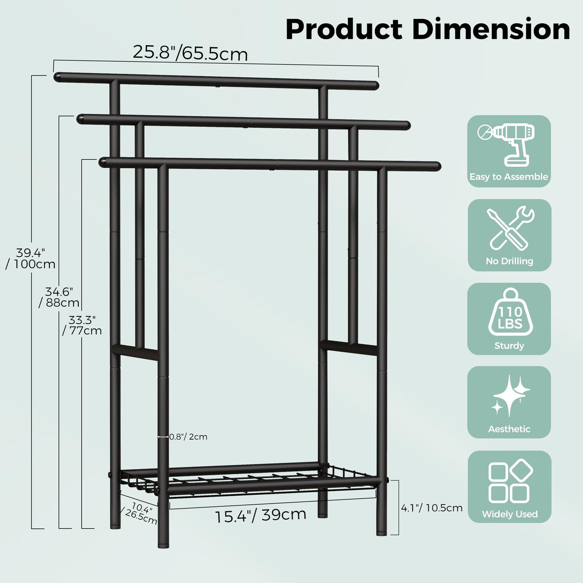 YUNSCEND free-standing towel rack side view shows slim footprint for versatile placement.