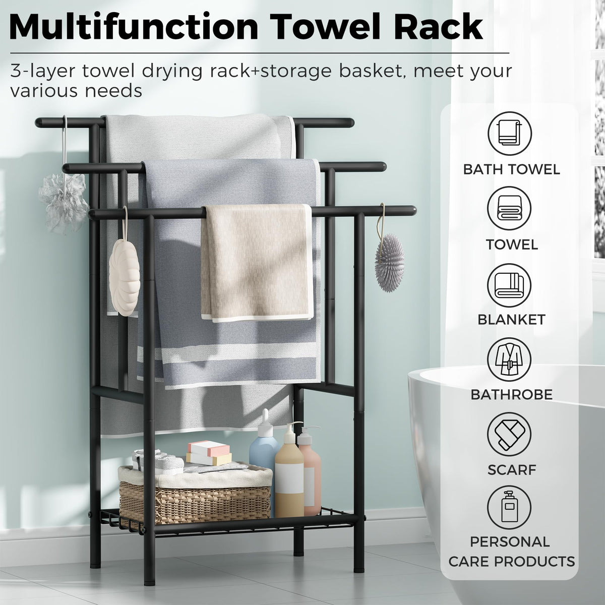 YUNSCEND bottom storage basket highlights extra space for washcloths and small items.