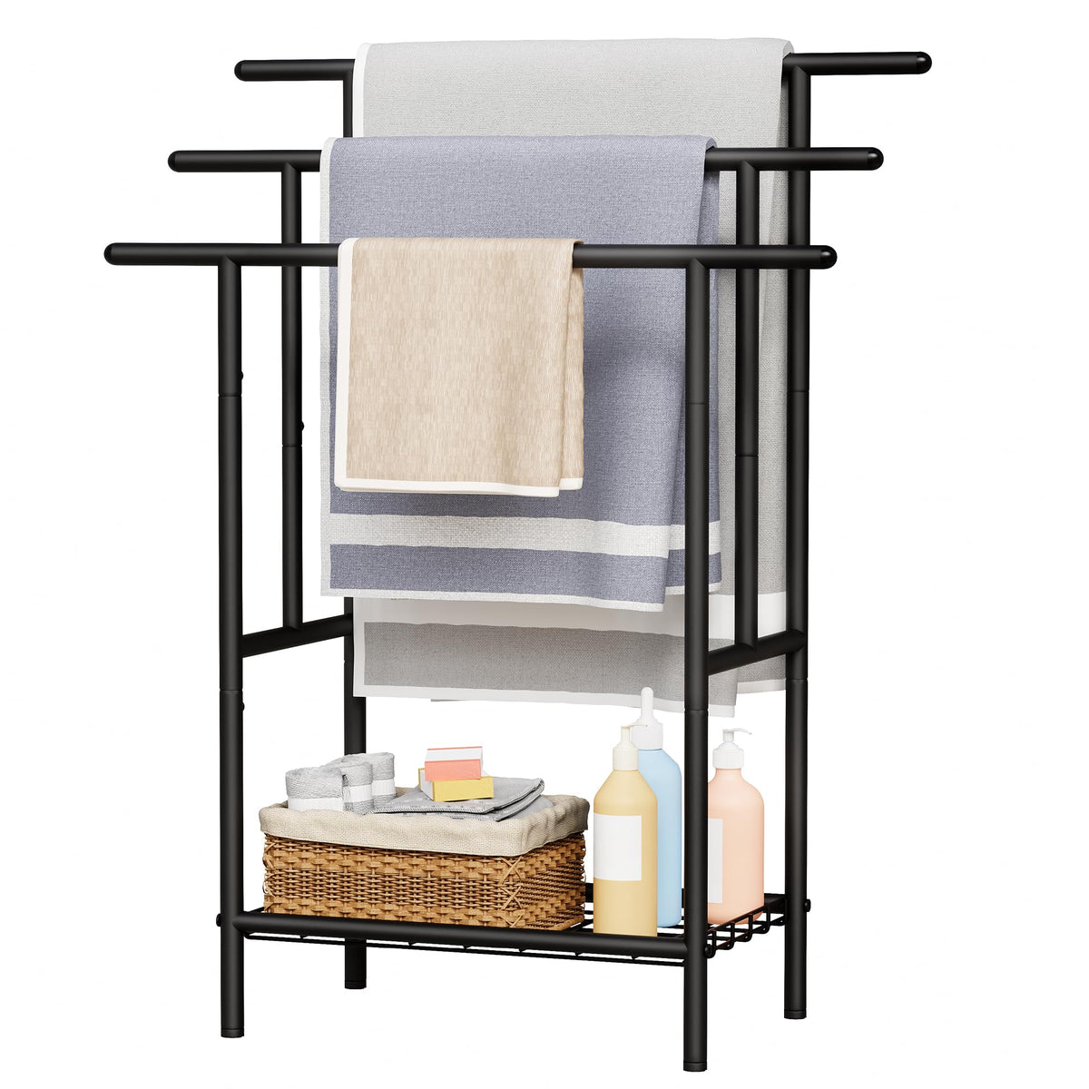 YUNSCEND towel rack in a bathroom demonstrates versatile use with towels and blankets.