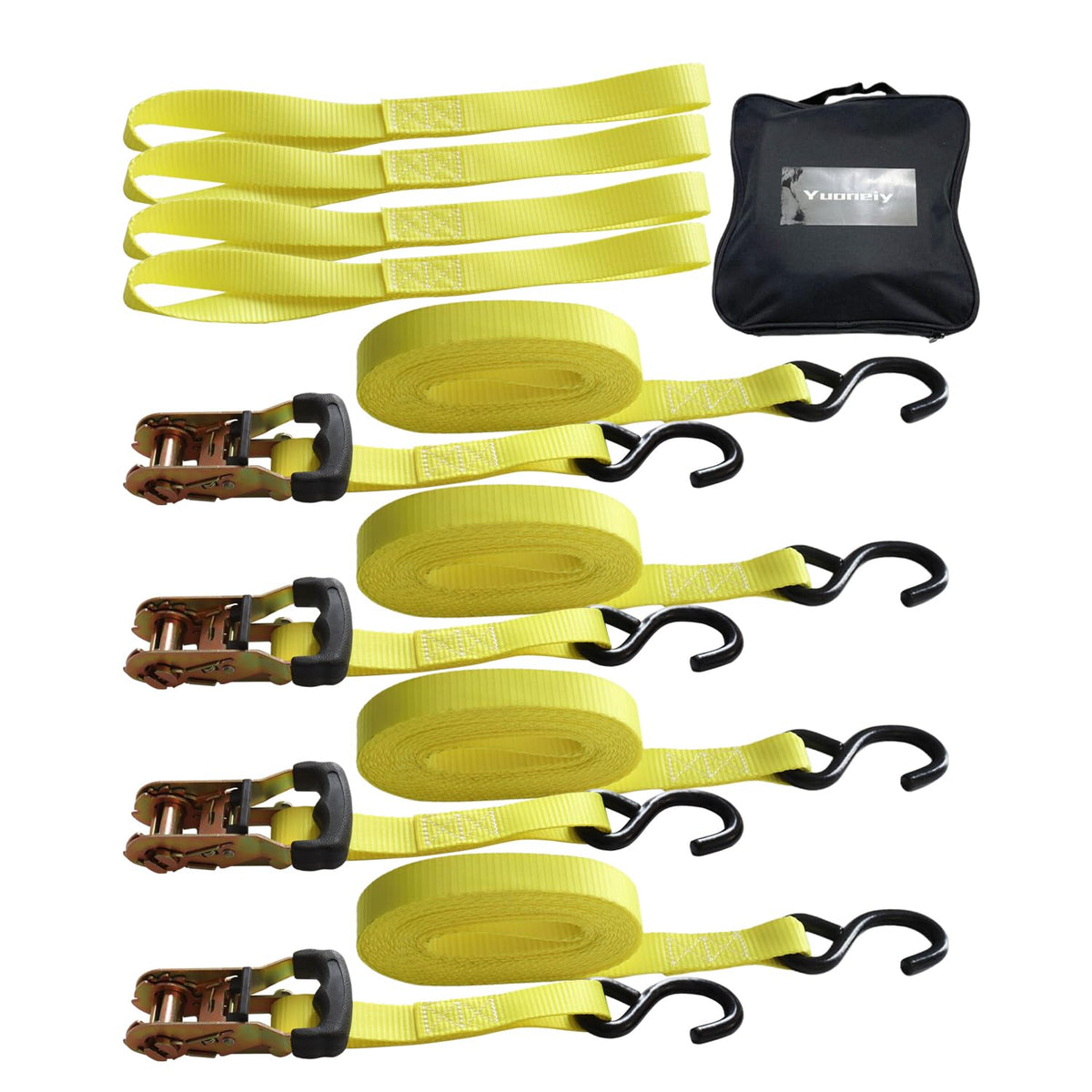 Yuoneiy heavy-duty ratchet tie-down strap in yellow for secure trailer cargo.