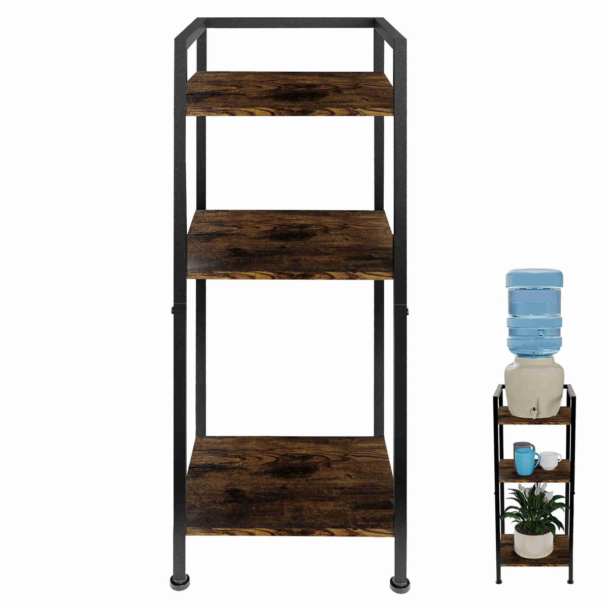 Yuoziyy water dispenser stand front view shows sturdy wood and metal construction.
