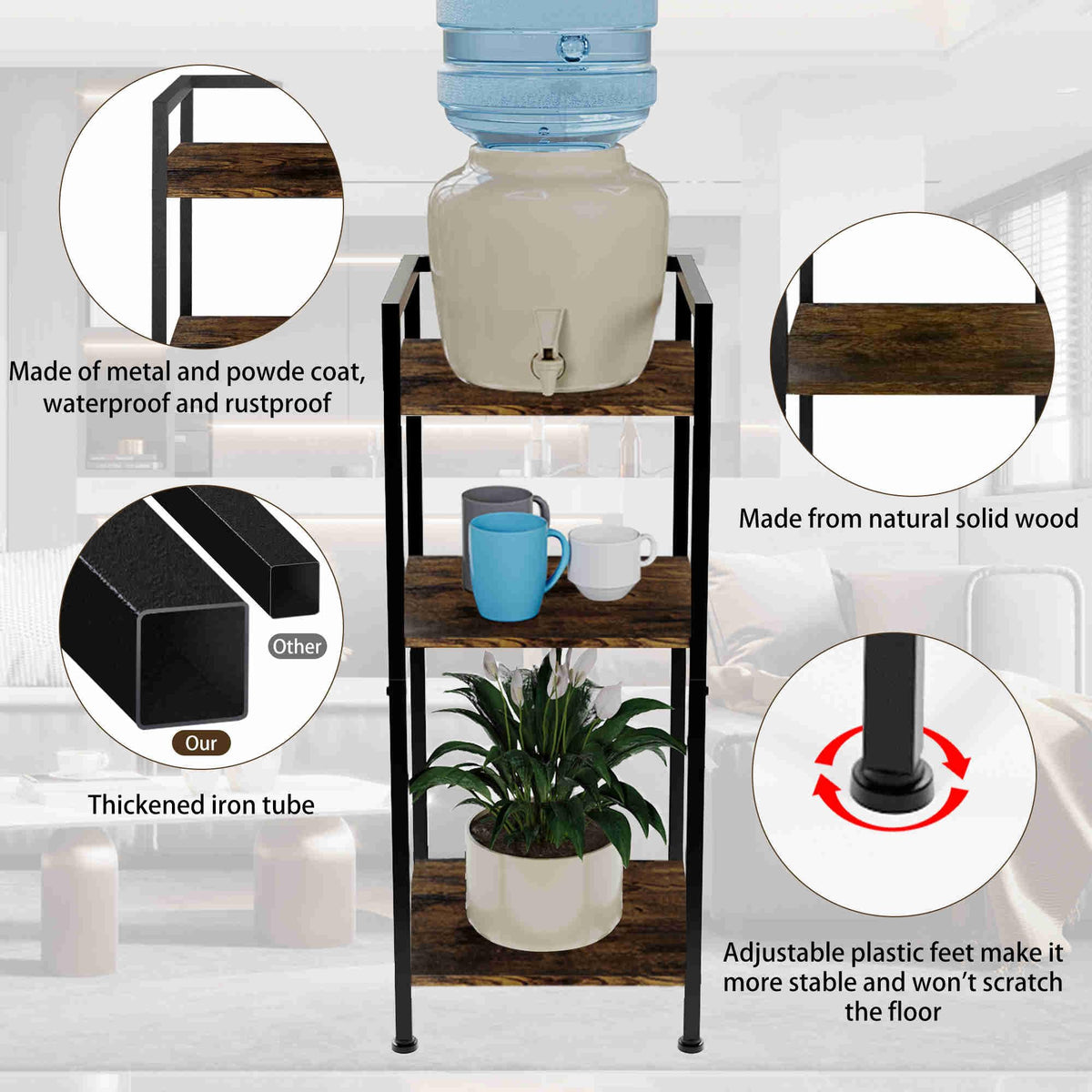 Yuoziyy water dispenser stand wood texture closeup highlights durable finish for daily use.