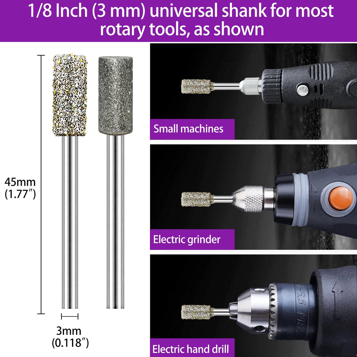 YURINWOO 1/8 shank diamond bits compatible with common rotary tools and Dremel-like tools.