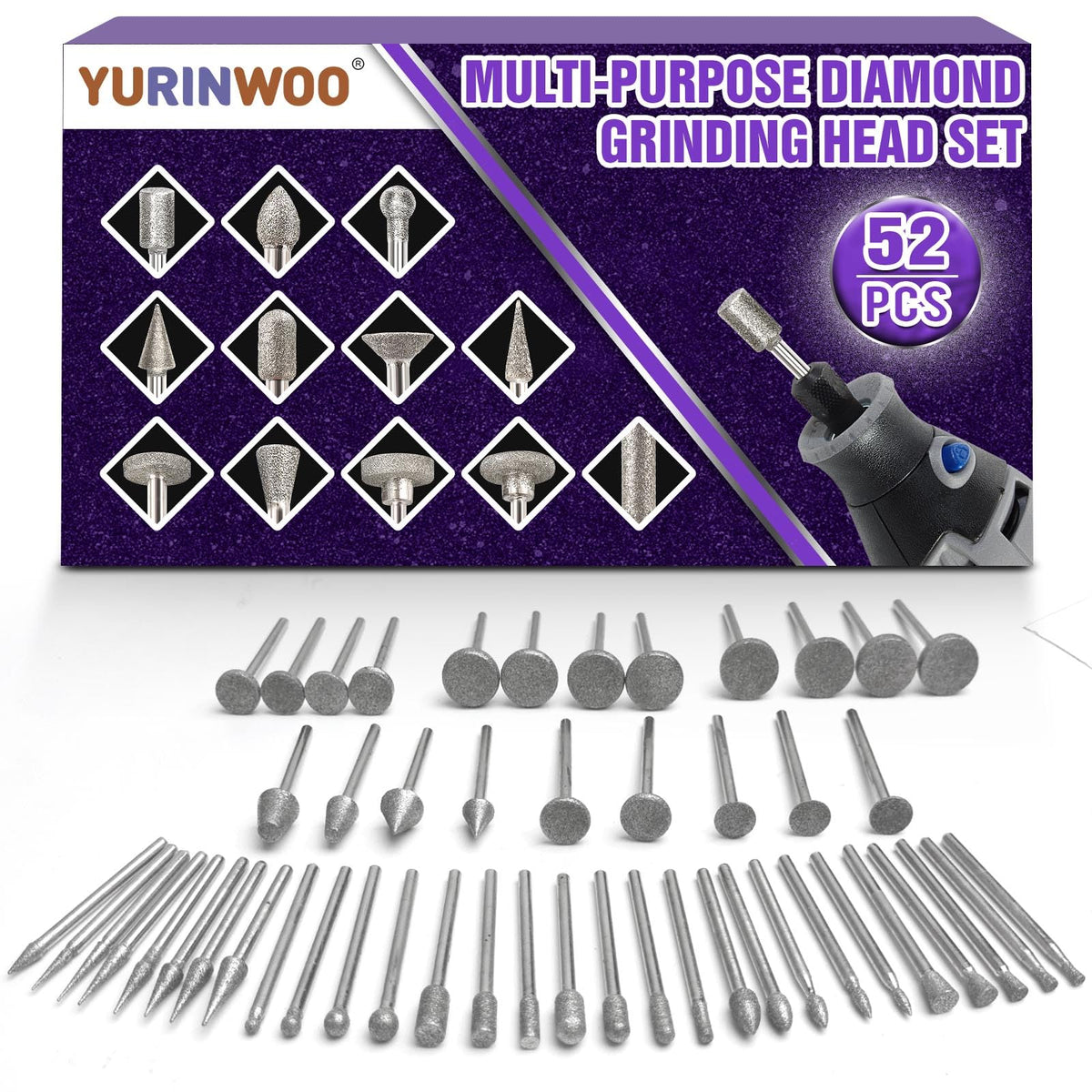 YURINWOO stone carving set with 52 diamond burrs for versatile engraving and polishing
