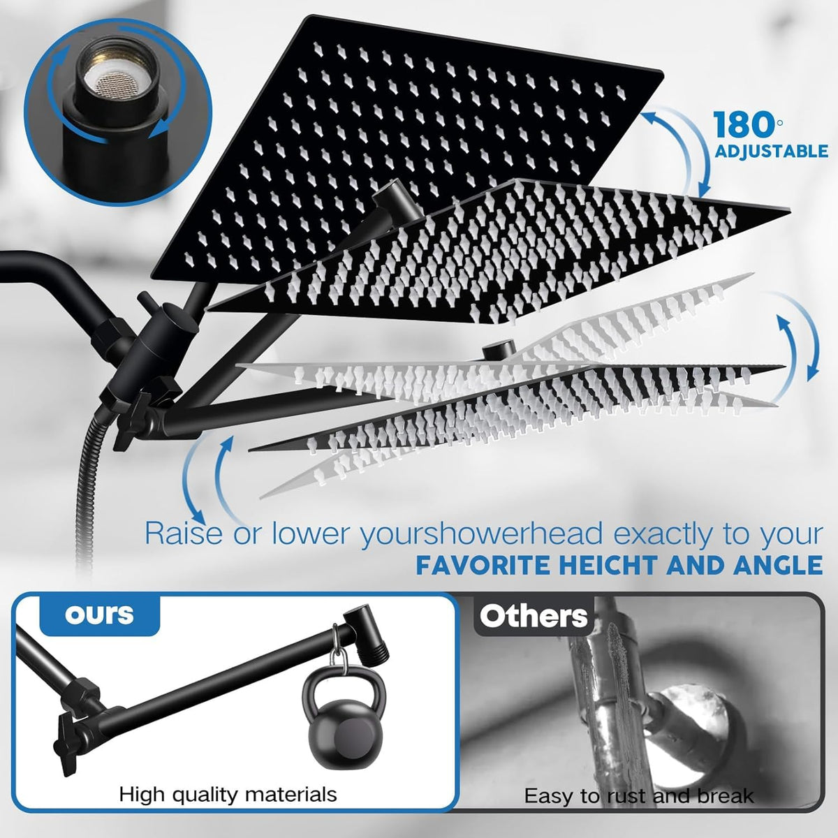 Yurnomy 180 degree adjustable shower height and angle for customized comfort.