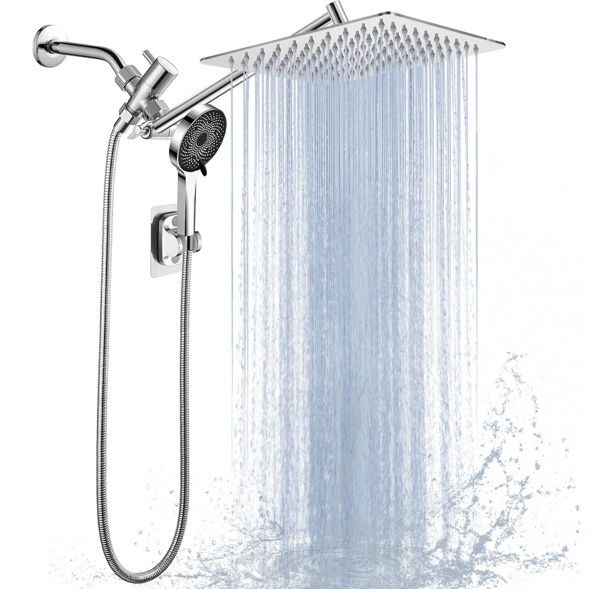 Yurnomy dual showerhead set with 8-inch rainfall head for broad coverage.