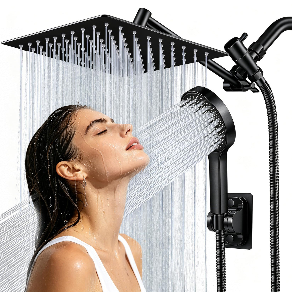 Yurnomy 8-inch square rain shower head delivers wide, spa-like coverage for full-body rinses.