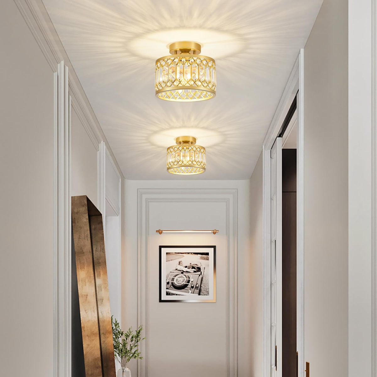 YURNYQ gold crystal-frame fixture adds elegant sparkle to rooms.