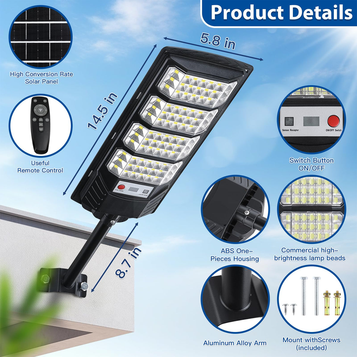 Yusist solar street light emits 6500K daylight white LED illumination.