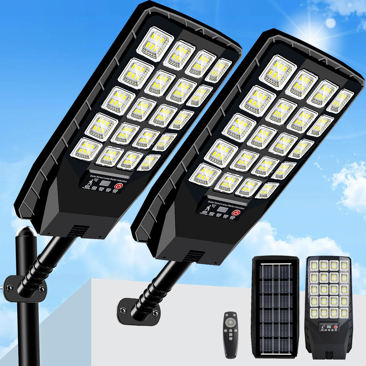 Yusist solar street light front view illuminating a large outdoor area at dusk