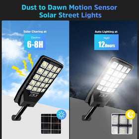 Yusist solar street light lit up over a parking lot at night