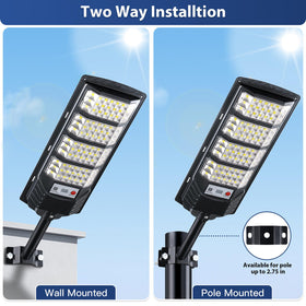 Yusist solar street light shown with remote control for easy mode adjustments.