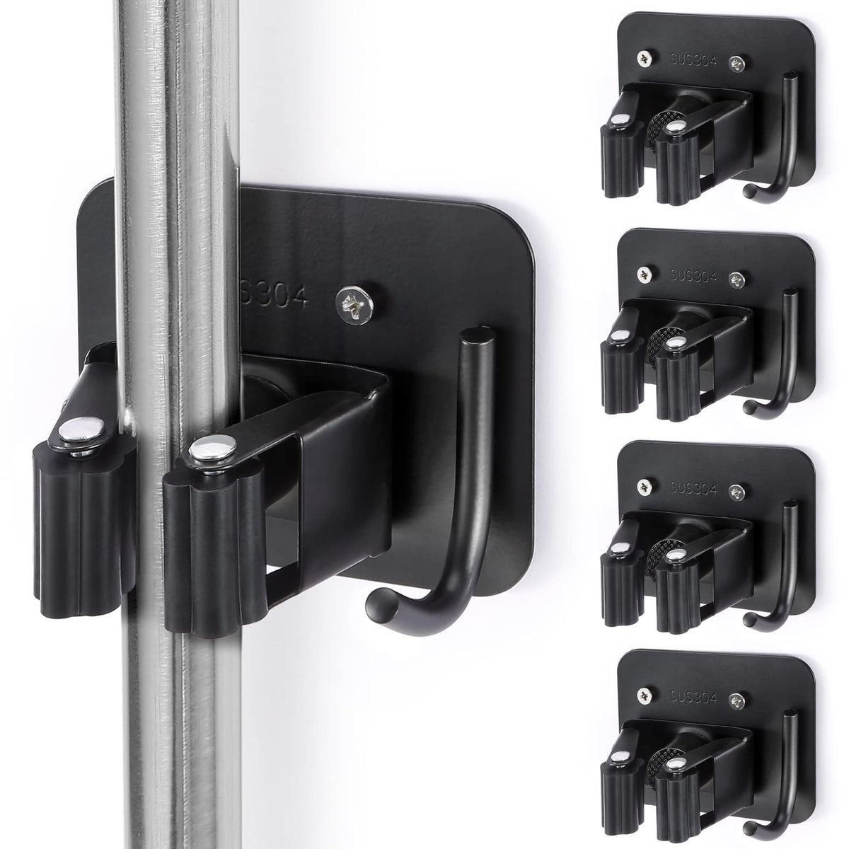 YUWANTING broom holder with four grippers keeps mops neatly organized and accessible.