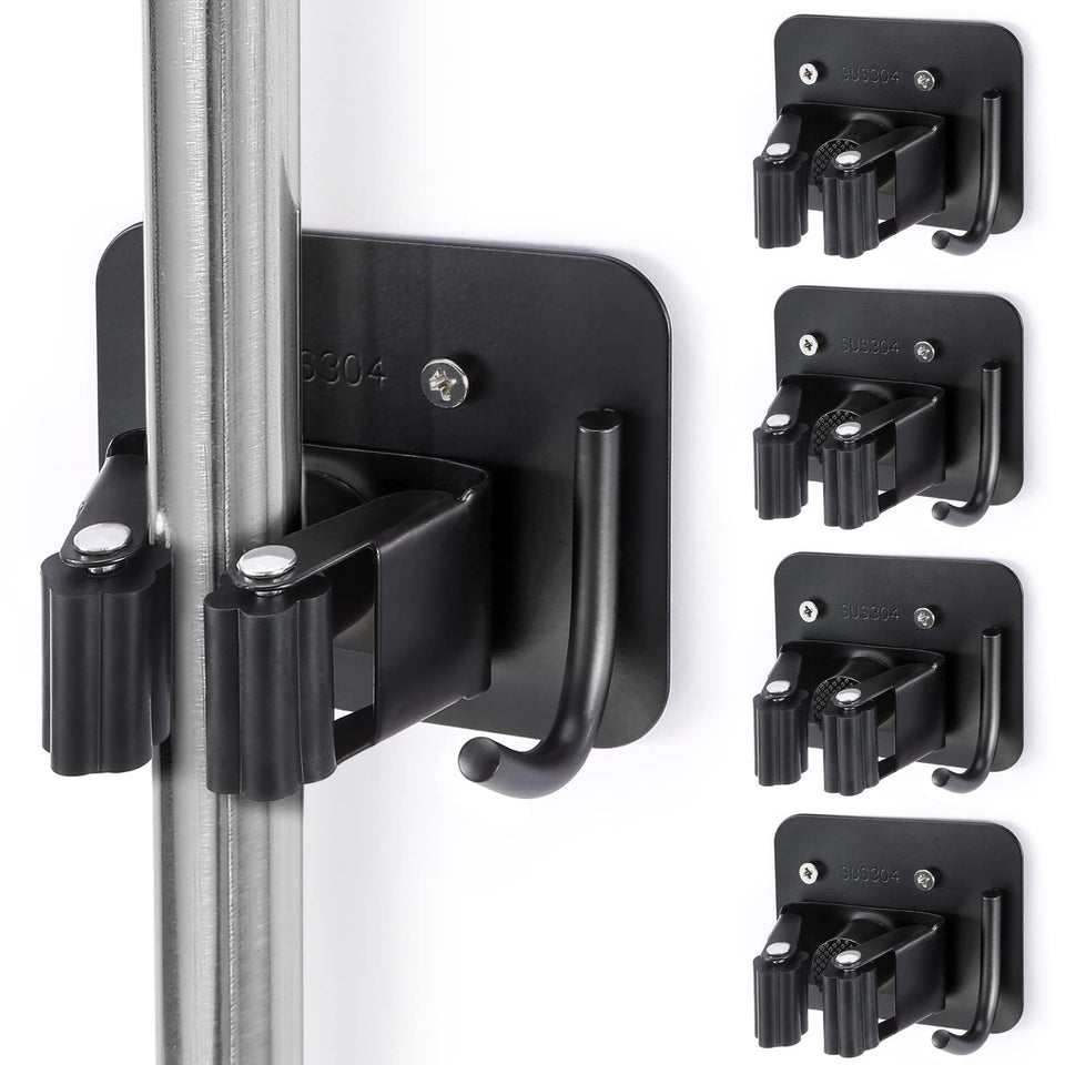 YUWANTING broom holder with four grippers keeps mops neatly organized and accessible.