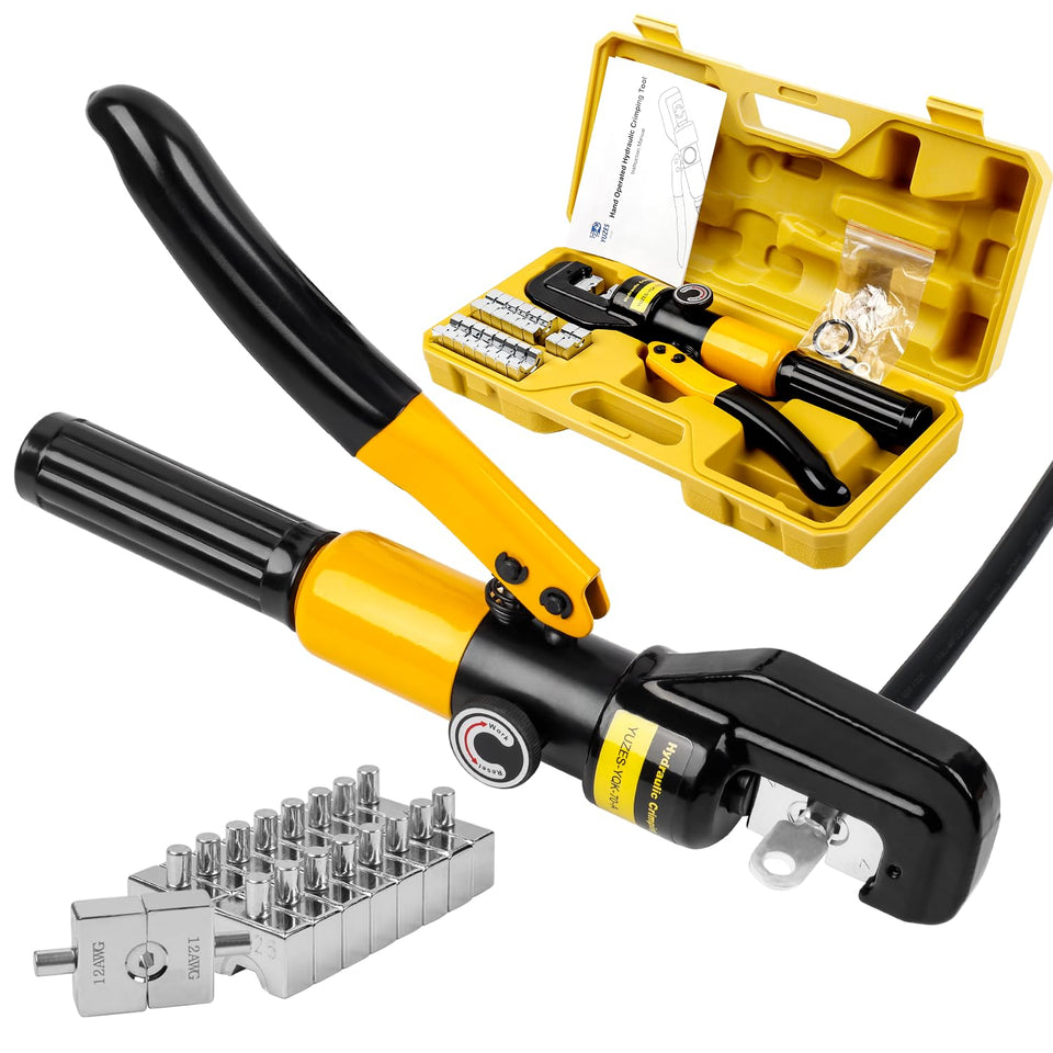 YUZES hydraulic crimping tool in action on battery cables for secure connections.