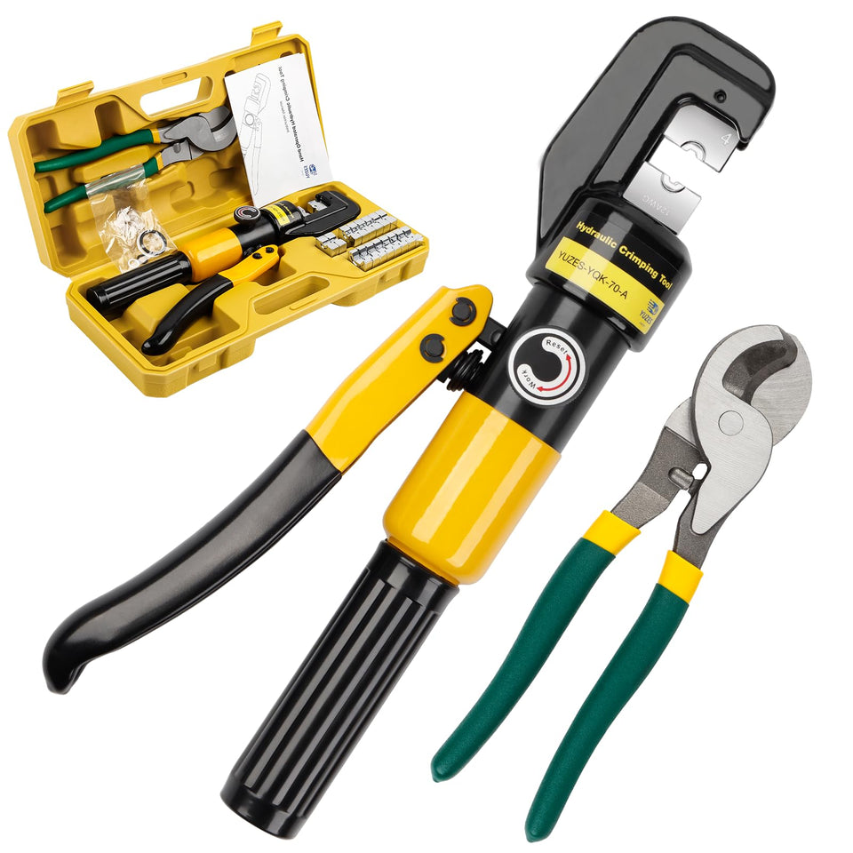 YUZES hydraulic crimping tool in use for precise cable terminations