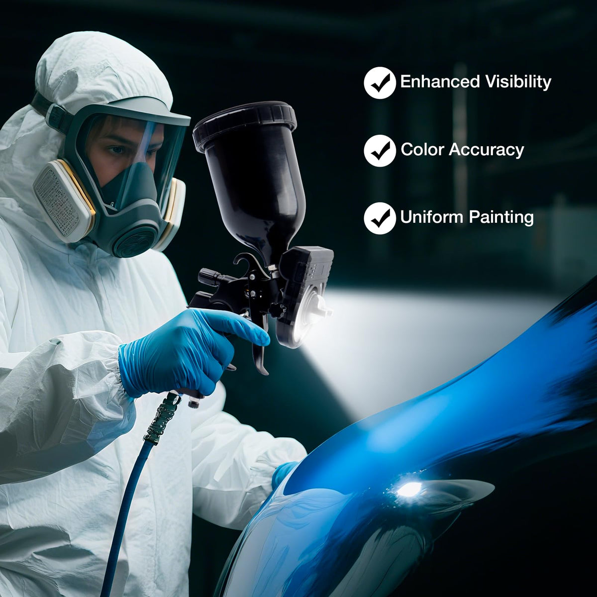 YUZES paint gun light assembly closeup shows compact design and secure mount