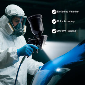 YUZES paint gun light assembly closeup shows compact design and secure mount